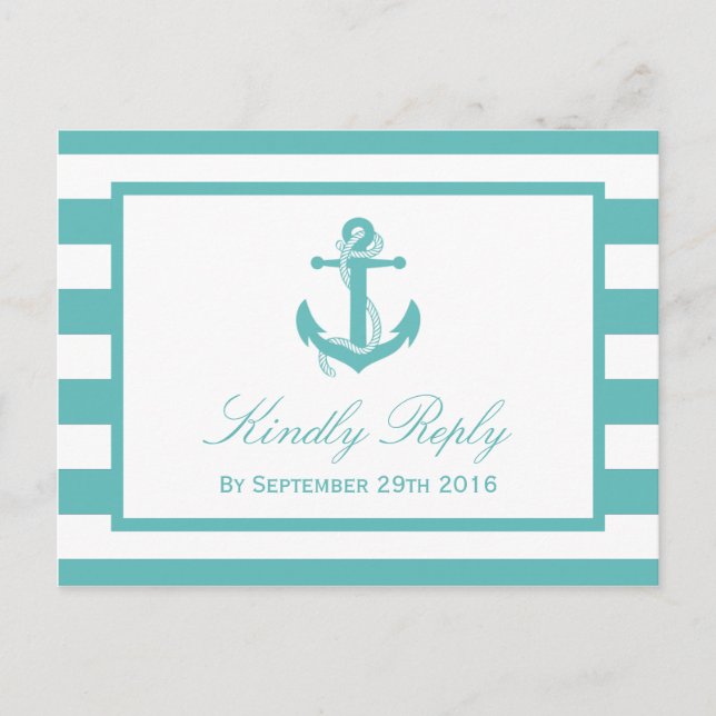Invitation Carte Postale Mariage Ancre en bande turquoise marine RSVP (Devant)