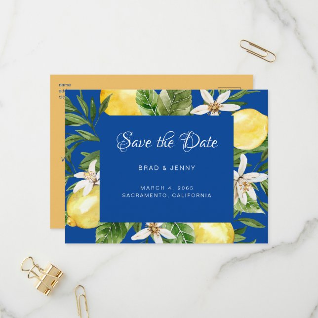 Invitation Carte Postale Mariage bleu citron méditerranéen Sauvez la date (Devant/Arrière en situation)