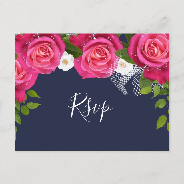 Invitation Carte Postale Mariage bleu et rose de minuit - RSVP (Devant)