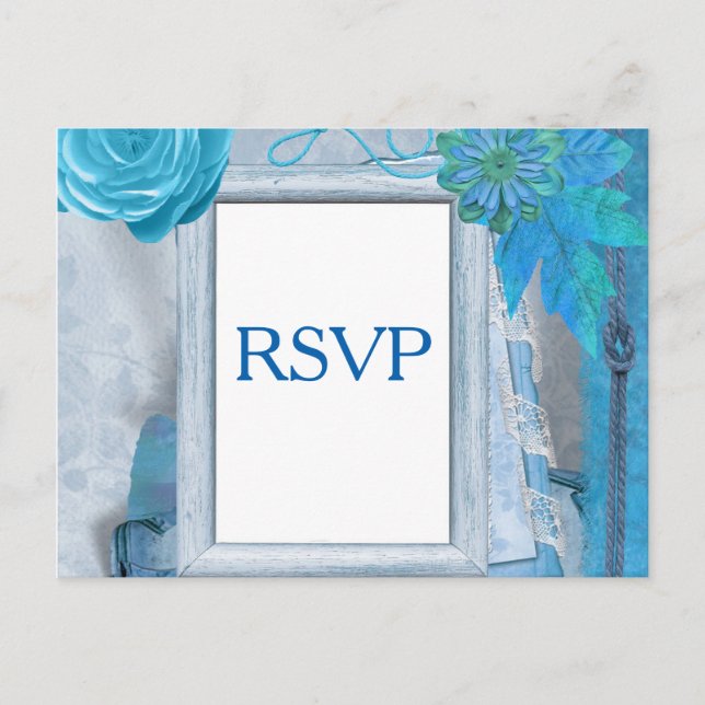 Invitation Carte Postale Mariage bleu RSVP (Devant)