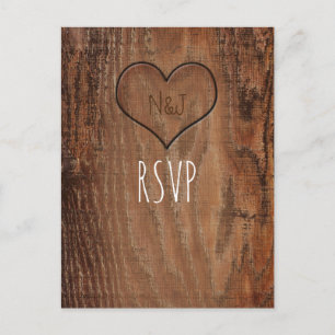 Invitation Carte Postale Mariage Bois Rustique Coeur Sculpté Arbre Bois RSV