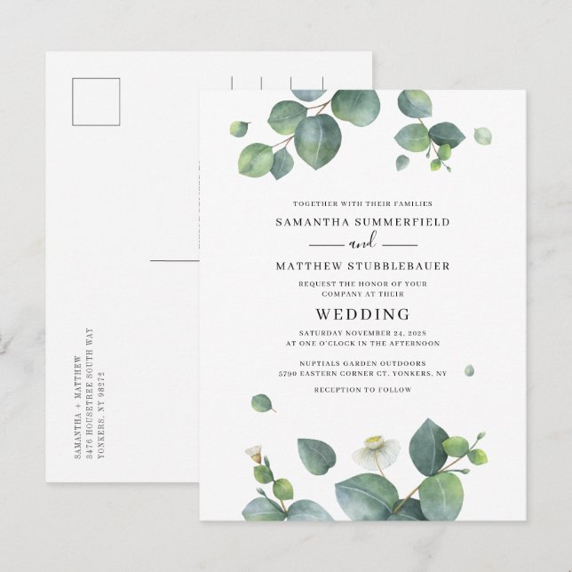 Invitation Carte Postale Mariage botanique Eucalyptus Greenery (Devant / Derrière)