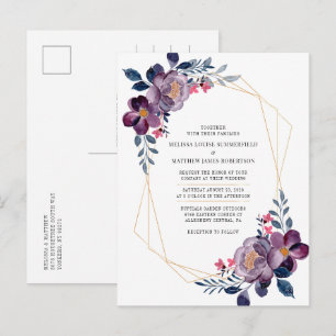 Invitation Carte Postale Mariage botanique géométrique floral pourpre
