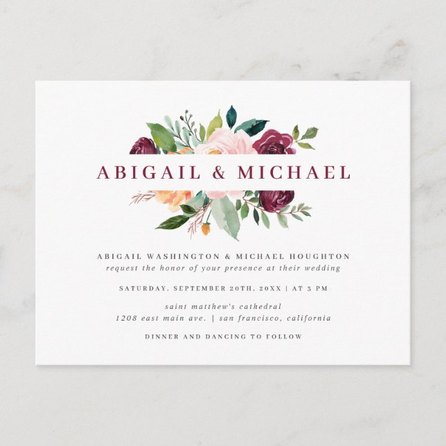 Invitation Carte Postale Mariage Bouquet simple Blush & Burgundy (Devant)