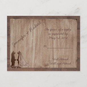 Invitation Carte Postale Mariage campagnard d'ours en bois de grange RSVP