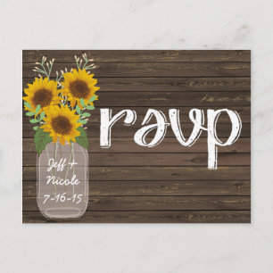 Invitation Carte Postale Mariage campagnard rustique Bois et tournesols RSV