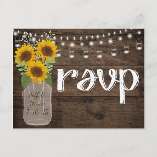 Invitation Carte Postale Mariage campagnard rustique Bois et tournesols RSV