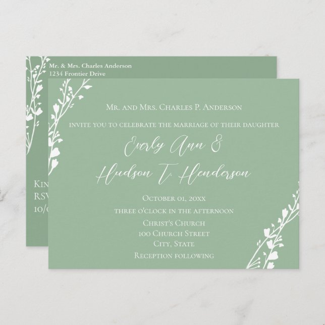 Invitation Carte Postale Mariage chrétien Floral Vert et Bleu (Devant / Derrière)