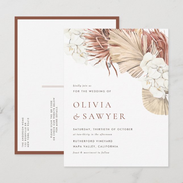 Invitation Carte Postale Mariage Code QR Feuilles de Palmier Séchées et Orc (Devant / Derrière)