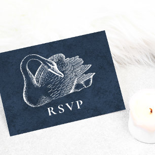 Invitation Carte Postale Mariage Cygne Blanc Bleu Marine RSVP