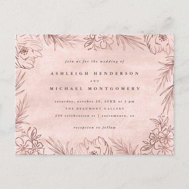 Invitation Carte Postale Mariage d'aquarelle de feuillage en or rose (Devant)