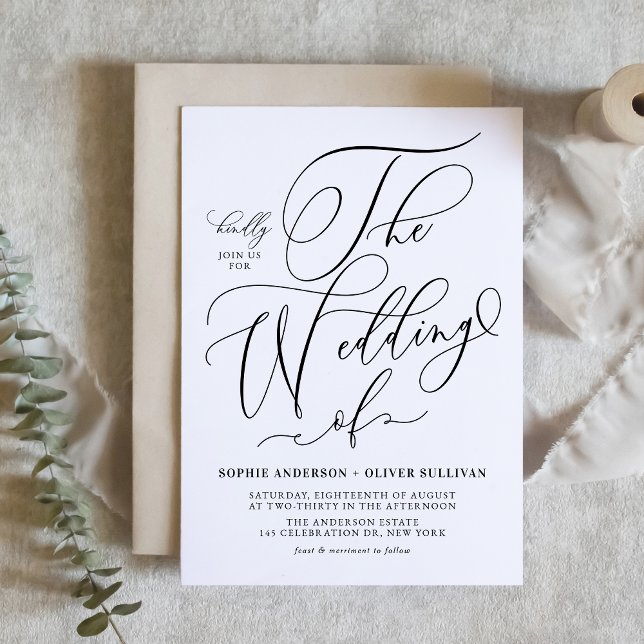 Invitation Carte Postale Mariage de calligraphie noir Whimsical (Black Whimsical Calligraphy Wedding Invitation Postcard)