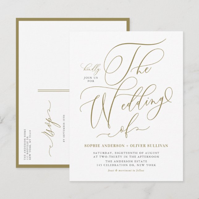 Invitation Carte Postale Mariage de calligraphie Whimsical Or (Devant / Derrière)