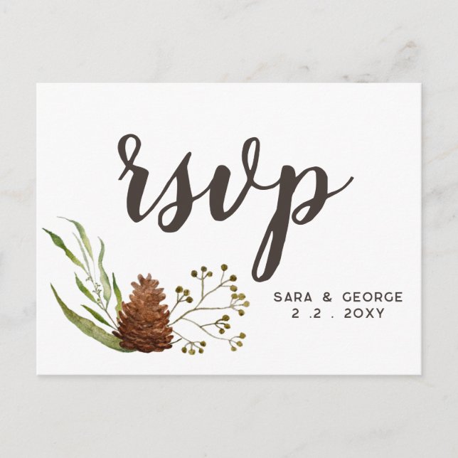 Invitation Carte Postale Mariage de cône de pin conifère rustique Rsvp (Devant)