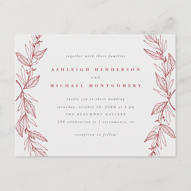 Invitation Carte Postale Mariage de couronne botanique rouge et gris (Devant)