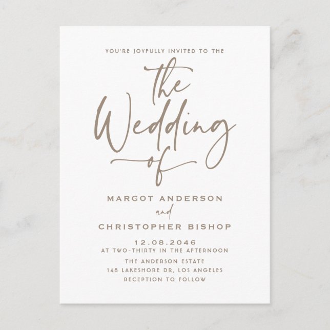Invitation Carte Postale Mariage de la calligraphie à la main Taupe (Devant)