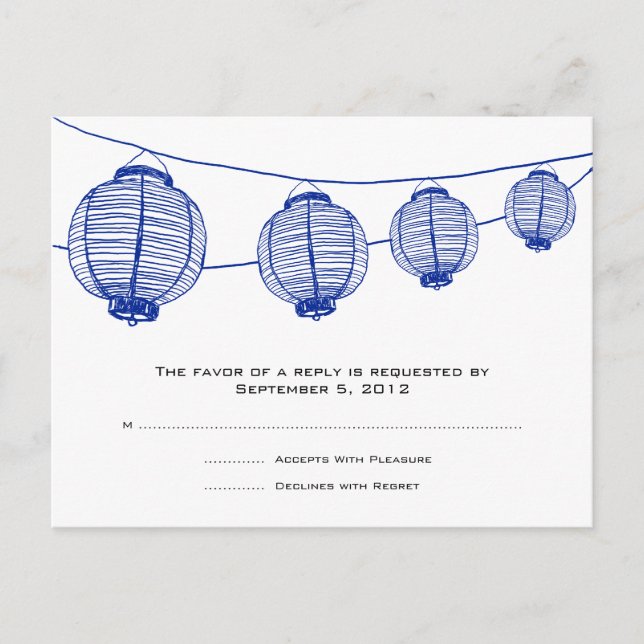 Invitation Carte Postale Mariage de Lanternes Bleues et Blanches RSVP (Devant)