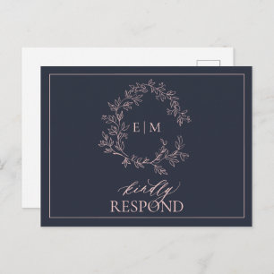 Invitation Carte Postale Mariage de Monogramme rose bleu marine RSVP