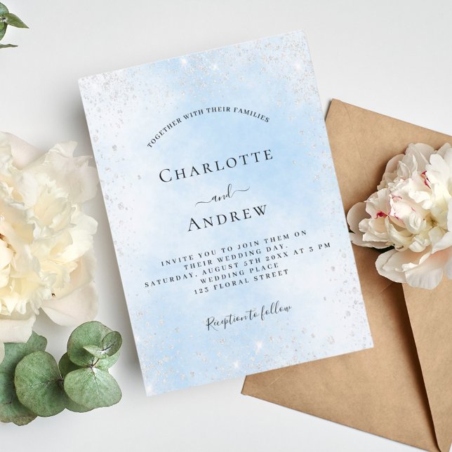 Invitation Carte Postale Mariage de parties scintillant bleu clair (Créateur téléchargé)