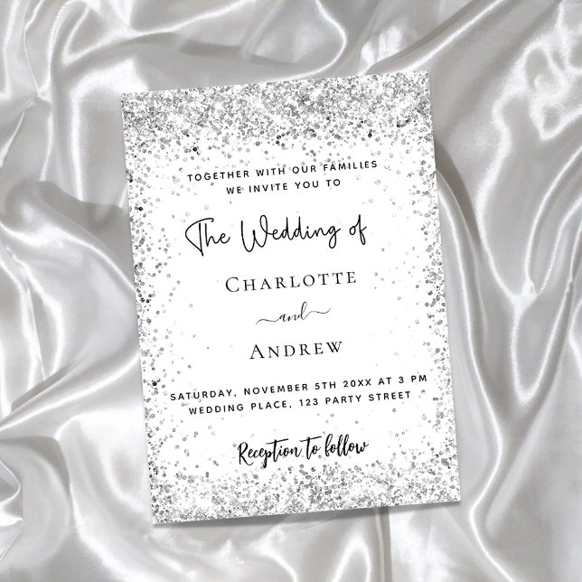 Invitation Carte Postale Mariage de script de parties scintillant argent bl (Créateur téléchargé)