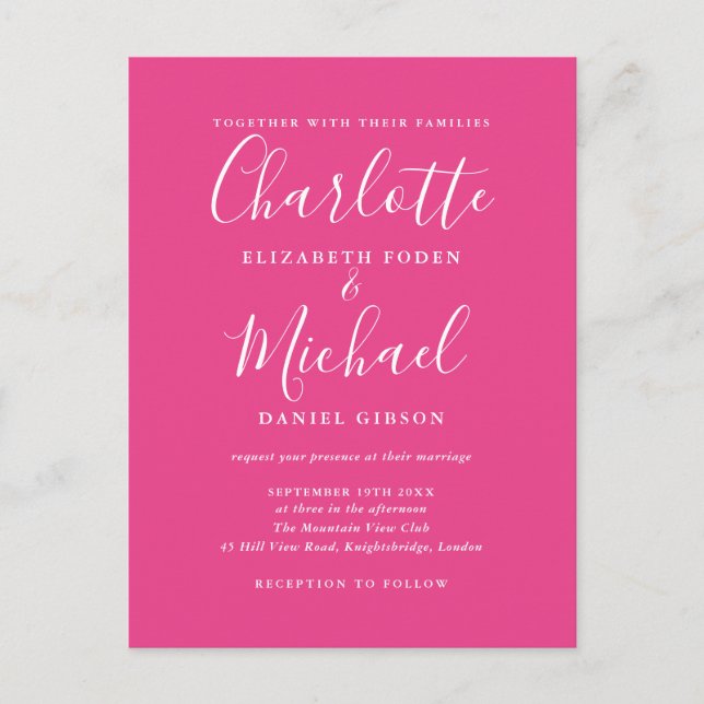 Invitation Carte Postale Mariage de script de signature rose chaud (Devant)