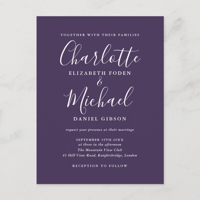 Invitation Carte Postale Mariage de script de signature violet (Devant)