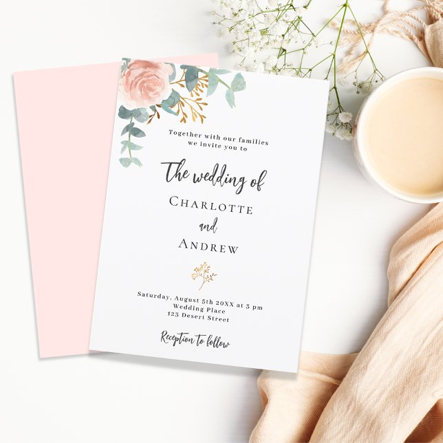 Invitation Carte Postale Mariage de végétation d'eucalyptus rose fleuri (Créateur téléchargé)