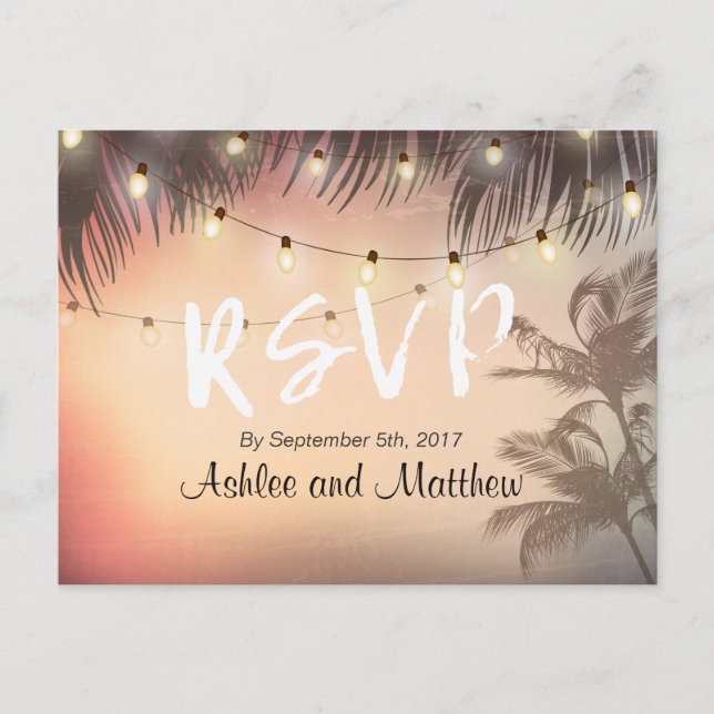 Invitation Carte Postale Mariage d'été Lumières de chaîne Palm Tree réponse (Devant)