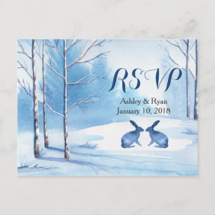 Invitation Carte Postale Mariage d'hiver Aquarelle Arbres Lapins RSVP