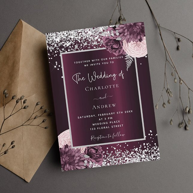 Invitation Carte Postale Mariage élégant à fleurs argentées (Créateur téléchargé)