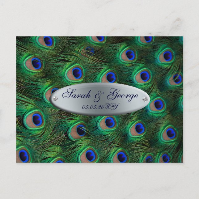 Invitation Carte Postale mariage élégant argent turquoise paon RSVP (Devant)
