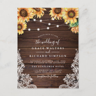 Invitation Carte Postale Mariage élégant en bois, tournesols, lumières et d
