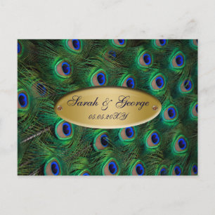 Invitation Carte Postale mariage élégant or paon RSVP