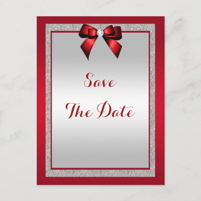 Invitation Carte Postale Mariage élégant rouge rubis et paillettes argentée (Devant)