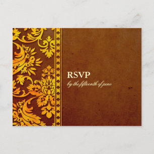 Invitation Carte Postale Mariage en dentelle vintage or et Brown Damask RSV
