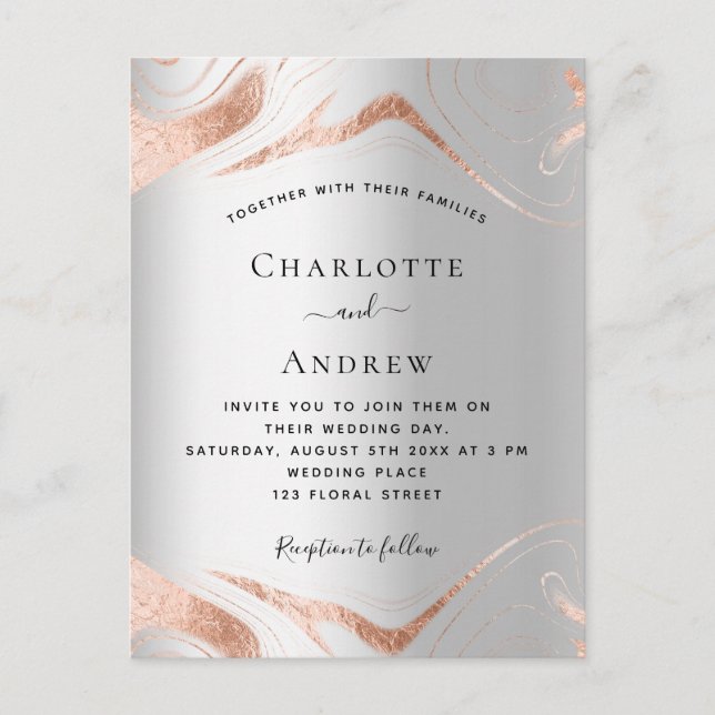 Invitation Carte Postale Mariage en marbre d'or rose argent (Devant)