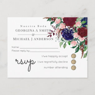 Invitation Carte Postale Mariage Enchanteur Marsala Bleu Nuit Rose