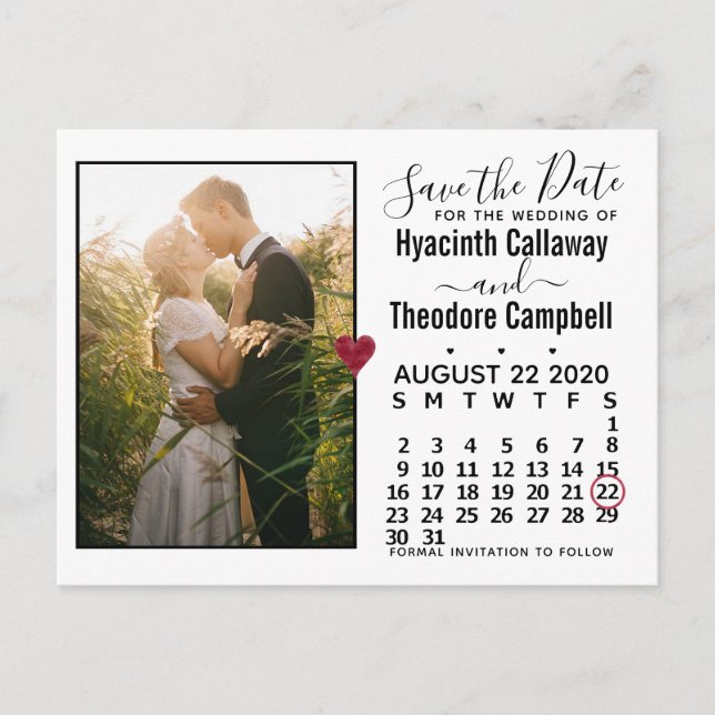 Invitation Carte Postale Mariage Enregistrer la date août 2020 Calendrier p (Devant)