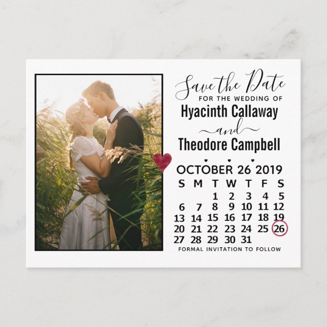 Invitation Carte Postale Mariage Enregistrer la date Octobre 2019 Calendrie (Devant)