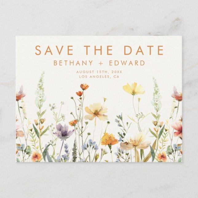 Invitation Carte Postale Mariage Fleur sauvage rustique Enregistrer la date (Devant)