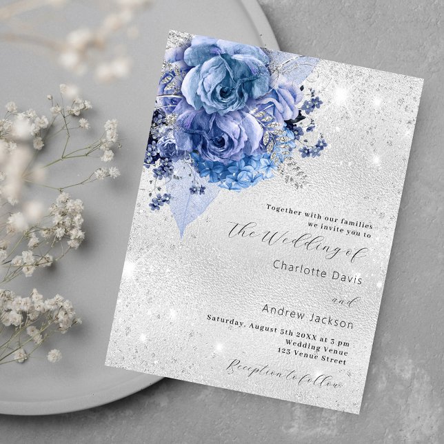 Invitation Carte Postale Mariage floral bleu argenté (Créateur téléchargé)