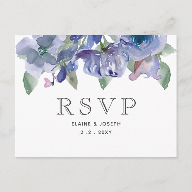 Invitation Carte Postale Mariage Floral Bleu Poussiéreux Rustique (Devant)
