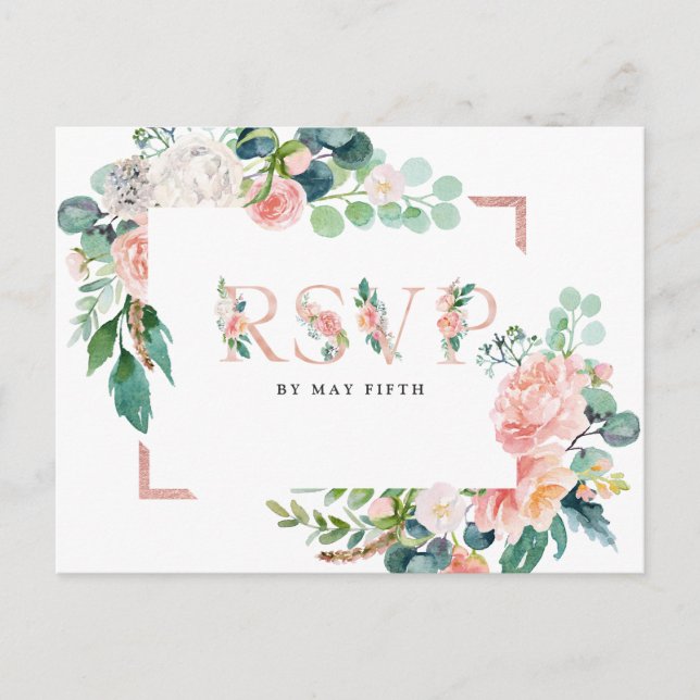 Invitation Carte Postale Mariage floral d'été rougissant RSVP avec repas (Devant)