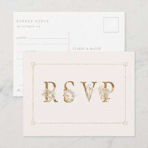 Invitation Carte Postale Mariage floral doré RSVP Demande de chanson
