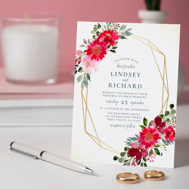 Invitation Carte Postale Mariage géométrique vert, rouge et bleu rose (Green, Red, & Blush Pink Gold Geometric Wedding Mockup)