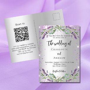 Invitation Carte Postale Mariage lavande argent eucalyptus QR code RSVP