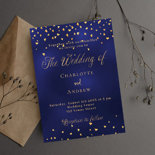 Invitation Carte Postale Mariage marine bleu or coeurs élégant script