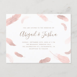 Invitation Carte Postale Mariage moderne Boho rose aquarelle plumes