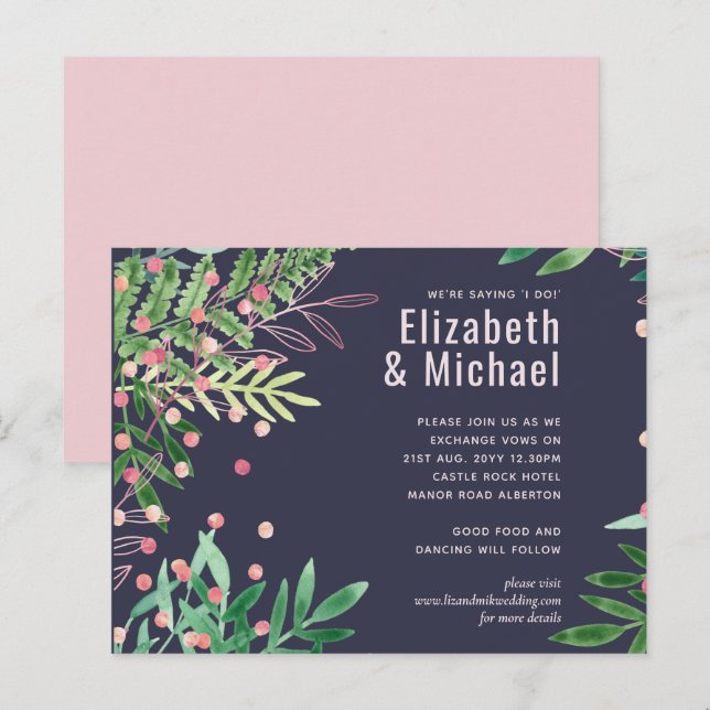 Invitation Carte Postale Mariage Moderne Rose et Verdure (Devant / Derrière)