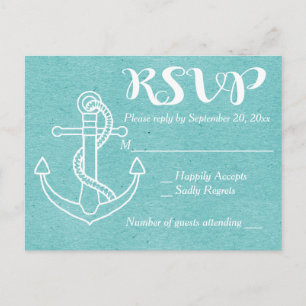 Invitation Carte Postale Mariage nautique de Ancre bleu turquoise RSVP